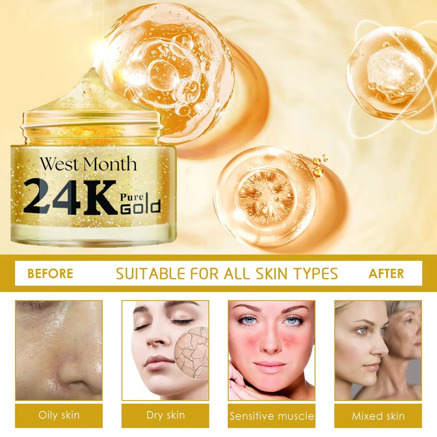 Wholesale Customization West Month 24K Gold Foil Anti-Aging Facial Moisturizing & Hydrating Skin Care Cream for All Skin Types